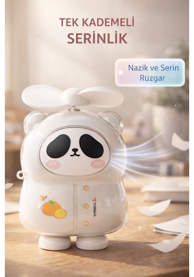 Şarjlı El Vantilatörü Panda Figürlü Taşınabilir Mini Masa Fanı F69 Beyaz