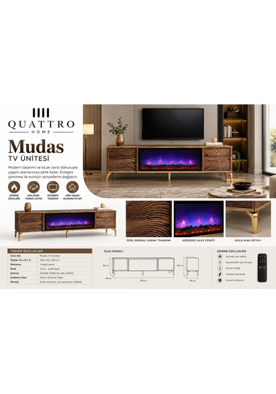 Mudas Elektrikli Şömineli Tv Ünitesi 180 Cm Ceviz Gold Modern Dalgalı Kapaklı Tv Sehpası