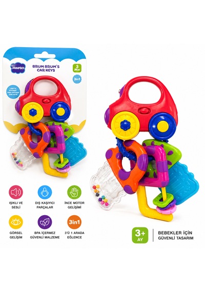 Brum Brum S Car Keys Işıklı Sesli Bebek Anahtarı Oyuncağı 3in1 Çok Renkli