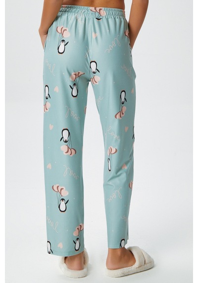 Kadın Teddi Ultra Yumuşak Cepli Mint Penguen Desen Yılbaşı Pijama Altı Mint