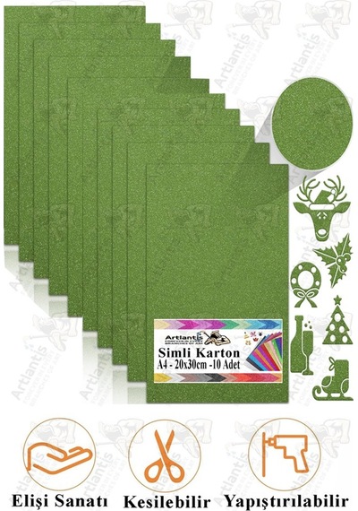 Yeşil Simli Karton A4 20x30 Cm 10 Lu 1 Paket Simli Fon Kartonu Parıltılı Kağıt Anasınıfı Kreş Etkinlik Proje