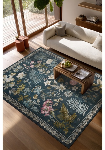 Garden 817 Lacivert Botanik Çiçekli Halı Yıkanabilir İnce Dokuma Taban Salon Oturma Odası Halısı Lacivert A