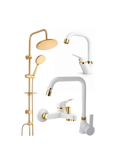 4'lü Beyaz Gold Banyo Lavabo Ve Mutfak Batarya Seti Full Set Diğer