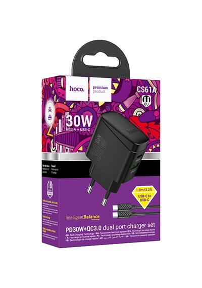 Hoco. Cs61a Bright 30w 1 Adet Type-c Ve 1 Adet Usb 3.0 Qc Çıkışlı Ekstra Type-c To Type-c Kablolu Pd Hızlı Şarj Aleti - Siyah