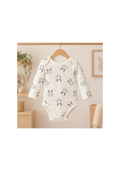 Cantaz Unisex Bebek Tavşan Desenli Uzun Kollu Çıtçıtlı Body Zıbın Krem