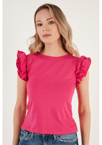 Lela Pamuklu Kolları Fırfırlı Slim Fit Bisiklet Yaka Bayan T Shirt 5864500 Fuşya