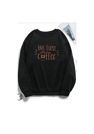 Uyguntarz Unisex Sevimli Kedi Baskılı Bisiklet Yaka Sweatshirt Siyah-2