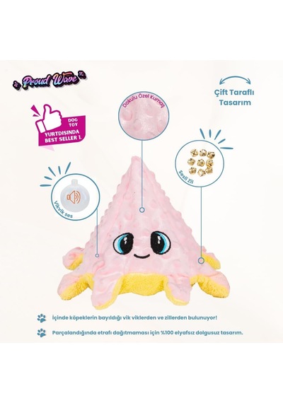 Proud Wave Ahtapot Köpek Oyuncağı Peluş Zilli Vikvikli Çift Taraflı Çekiştirme Oyuncağı Pembe-sarı