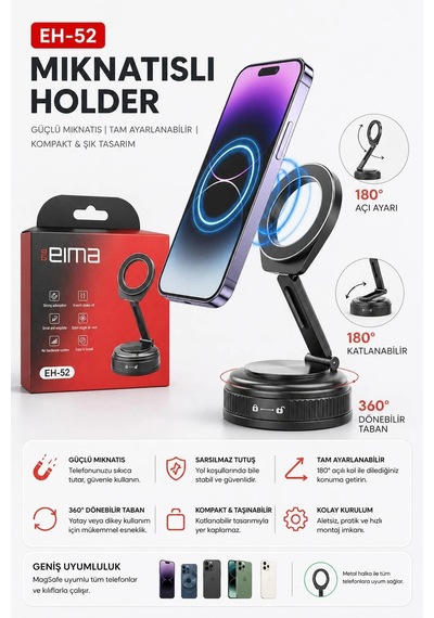 Eima Eh-52 Mıknatıslı Telefon Tutucu 360 Döner Araç İçi Vantuzlu Stand Diğer
