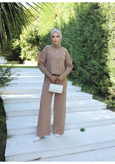 Defymoda Taş Düğmeli İkili Triko Takım Vizon Vizon