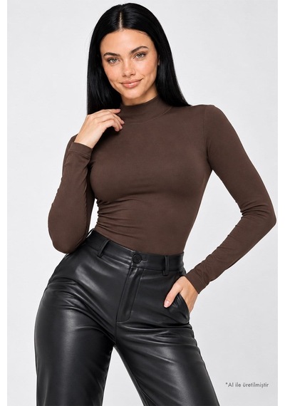 Cottonhıll Premium - Drape Collection Kahverengi Viskon Balıkçı Yaka Uzun Kollu Çıtçıtlı Kadın Bodysuit