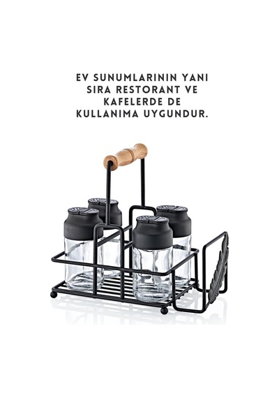 Grimorlife Metal Standlı Peçetelikli Islak Mendil Bölmeli 4'lü Çift Kapaklı Cam Restoran Kafe Baharatlık Seti Diğer