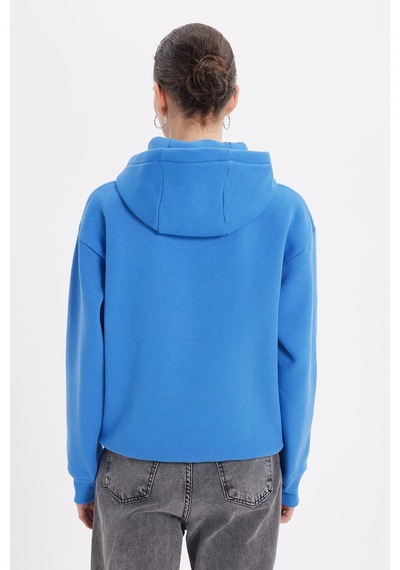 Tudors Kadın Oversize Geniş Kesim Pamuklu Yumuşak Dokulu İçi Polarlı Basic Mavi Kapüşonlu Sweatshirt-37901 Mavi