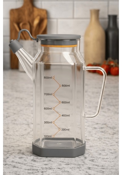 Şeffaf Cam 800 Ml Yağdanlık Sürahi Akıtmaz & Kaymaz Silikon Tabanlı Yağlık - Gri Gri