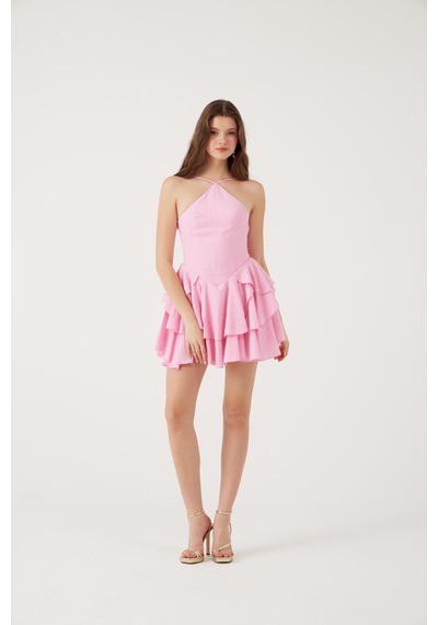 Holly Lolly Fırfırlı Halter Yaka Mini Keira Elbise Pembe