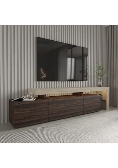 Beliz Modern Led Işıklı 3 Kapaklı, Raflı Tv Sehpası 192 Cm Traverten/ceviz