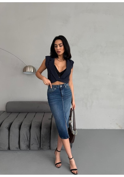 Zeo Basic Yırtmaçlı Midi Boy Jean Etek Mavi+taşlamalı