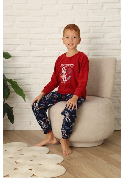 Yeni Stil Sonbahar/kış Erkek Çocuk Uzay Figür Astronot Desen Polar Pijama Takımı 4565 Kırmızı