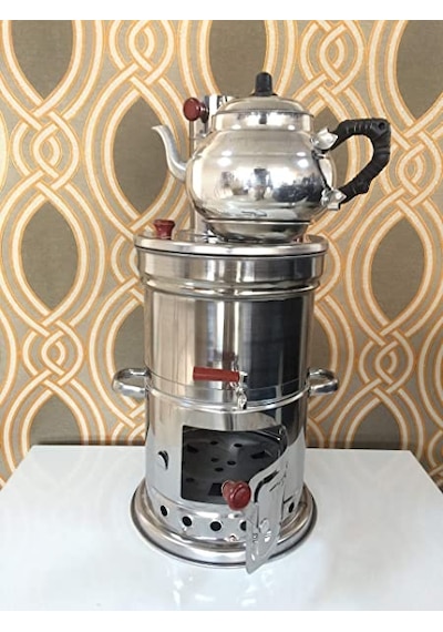 Zarif Iş Krom Odunlu Kömürlü Demlikli 3.5 L Semaver Inox Gri