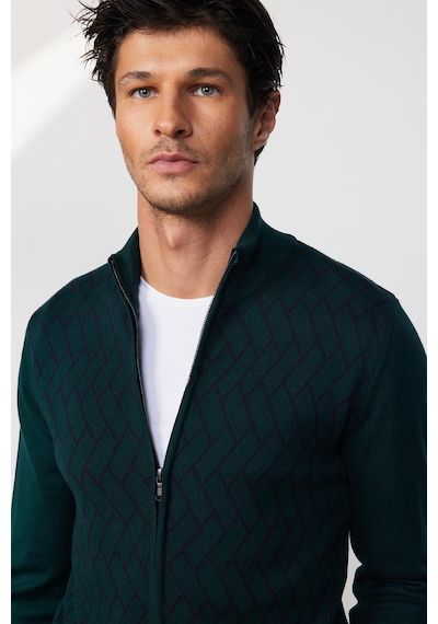 Tudors Slim Fit Dar Kesim Yarım Balıkçı Yaka Fermuarlı Önü Desenli Yeşil Erkek Hırka-29526 Multi Çok Renkli