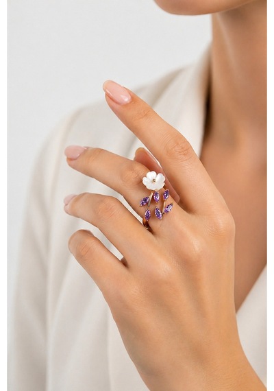 Çekirdekjewelry 925 Ayar Gümüş Manolya Çiçekli Ayarlanabilir Mortaslı Yüzük Pembe