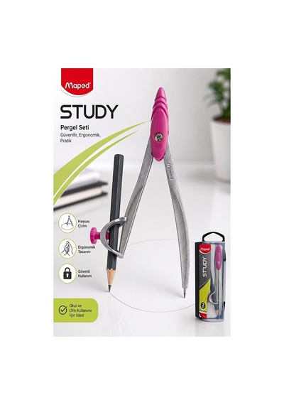 Metal Pergel Kurşun Kalemli 1 Adet Maped Study 119410 Pergel Matematik Geometri Mimari Proje Teknik Çizim Pembe