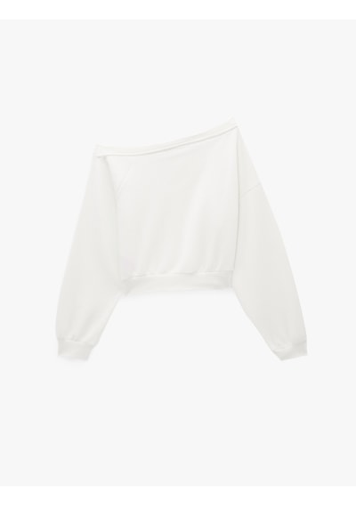 Koton Uzun Kollu Üç İplik Asimetrik Kayık Yaka Omzu Açık Sweatshirt Ekru 7wak10123ek