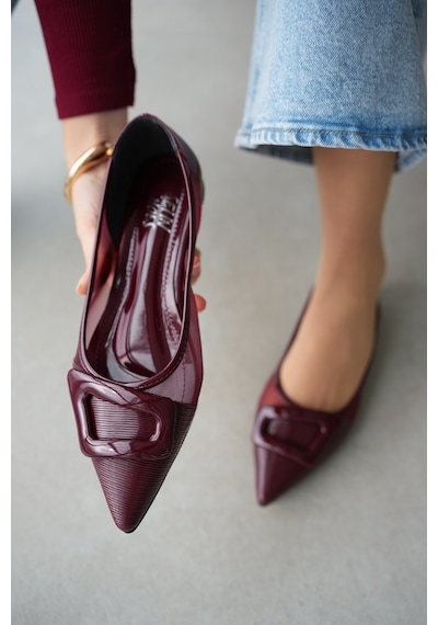 Selin Shoes Carla Sivri Burun Tül Detaylı Toka Aksesuarlı Kadın Babet- Bordo