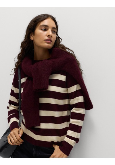 Marks & Spencer Air-yarn Çizgili Yuvarlak Yaka Triko Kazak Bordo