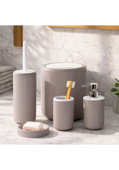 Perotti 33031500001-3 5 Parça Yuvarlak Banyo Seti - Çöp Kovası, Sabunluk, Diş Fırçalığı Ve Silikon Wc Fırçası Taupe-beyaz Beyaz - Kahverengi