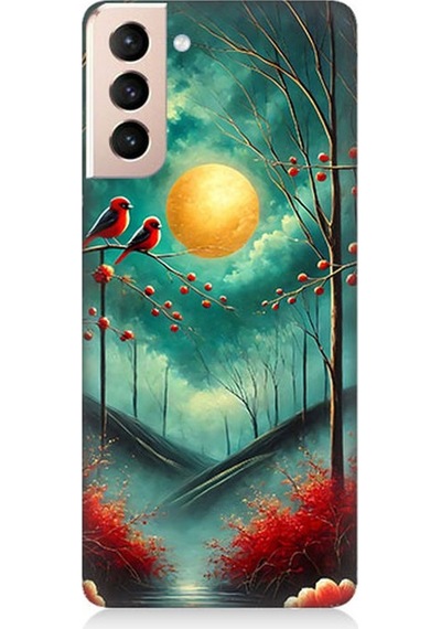 Samsung Galaxy S21 Uyumlu Ay Işığında Kırmızı Kuşlar Desenli Silikon Kılıf Çok Renkli