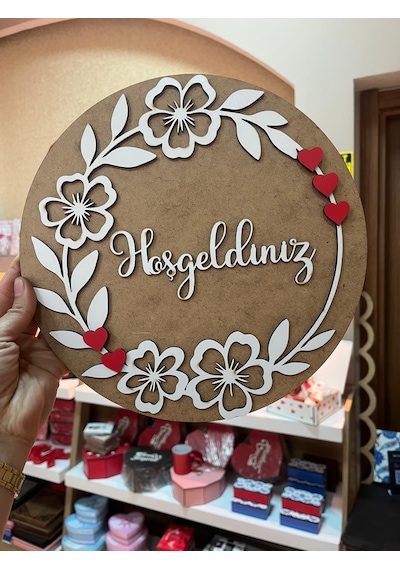 Kişiye Özel Ahşap Hoşgeldiniz Kapı Süsü Lazer Kesim Dekoratif Duvar Süsü Kırmızı
