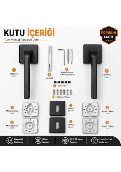 Lama Premium Siyah Kapı Kolu Modern Mat Siyah Oda Kapısı Kolu Dayanıklı İç Kapı Kolu