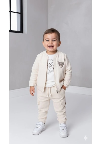 Bontino Erkek Çocuk Sweatshirt, Hırka Ve Pantolonlu %100 Pamuk 3'lü Spor Takım Ekru