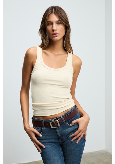 Ethıquet Lıllesol Kadın Fitilli Görünümlü Slim Fit Vücuda Oturan Havuz Yakalı Pamuklu Basic Bej Atle