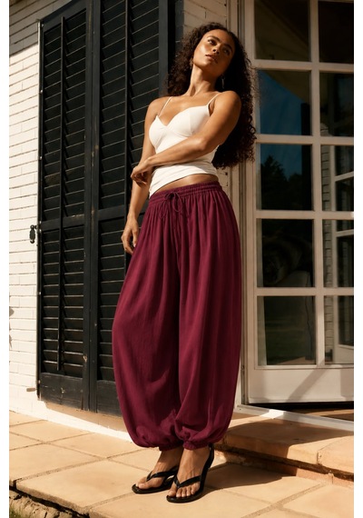 Dokuma Bordo Beli Bağcıklı Paçası Lastikli Balon Pantolon Sh390 S
