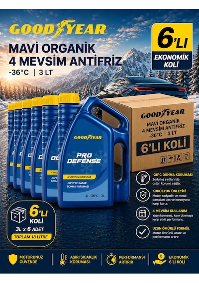 Goodyear Goodyear 6'lı Mavi Organik 4 Mevsim Antifriz -36 C 3 Lt 6 X 3 Litre