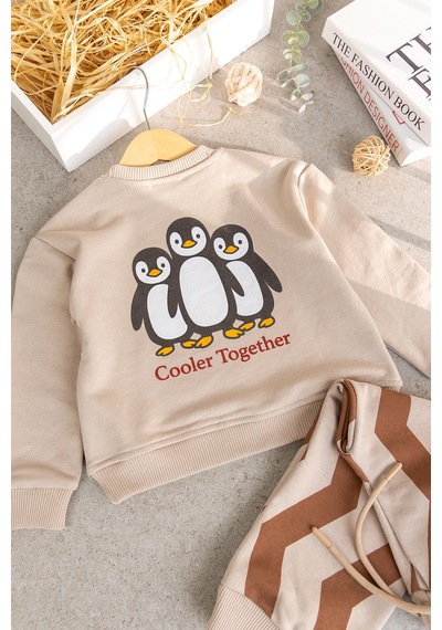 Babymod Çocuk Peguen Desenli Bej Okul Sweatshirt Ve Çizgili Eşofman Takımı