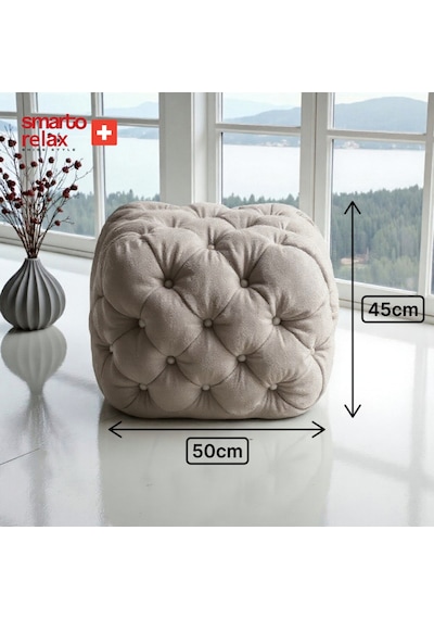 Smarto Relax Swiss Style Puf Zinal Ayaksız Kapitoneli Kare 45x45 Cm Baby Face Dekoratif Kapitoneli Dekoratif Puf Gri Bej