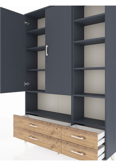 Arges Dolap 10 Raflı 4 Çekmeceli 2 Kapaklı 132x30x195 Antrasit-antrasit/çam Antrasıt/atlas Çam