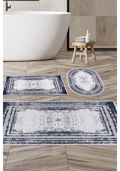Dekoreko Kaymaz Taban Djt 3 Lü Banyo Paspas Takımı Yıldız Deri Karışık Modern M5132 lacivert
