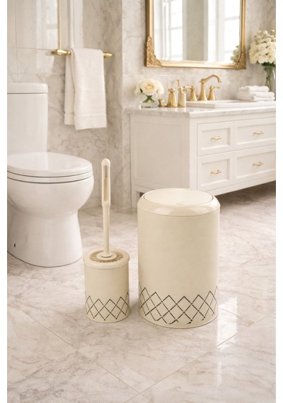 Geometrik Zikzak Desenli 2'li Banyo Seti Krem