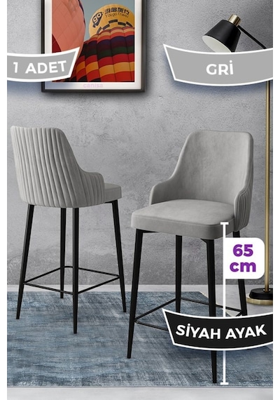Canisa Tera Serisi 1 Adet 65 Cm Gri Ada Mutfak Bar Sandalyesi Babyface Kumaş Siyah Metal Ayaklı Sandalyeler Gri Ayaklar Siyah