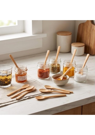 12'li Bambu Mini Kaşık Seti 13 Cm, Baharat, Bal, Reçel, Kahve Ve Servis Kaşığı, Küçük Kavanozlar İçin Doğal