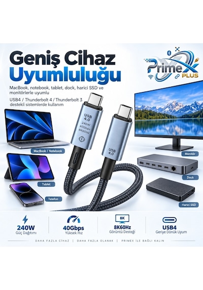 Primex Px-pd240w-2 Usb4 Type-c To Type-c Kablo 2 Metre, 240w Pd Hızlı Şarj, 40gbps Veri Aktarımı, 8k 60hz Görüntü, E-marker Çip, Thunderbolt 3/4 Uyumlu Usb-c Kablo