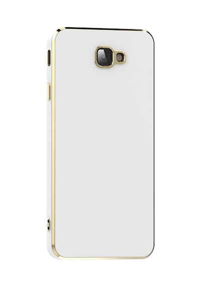 Fibaks Galaxy J7 Prime Uyumlu Kılıf Parlak Kenarlı Altın Işlemeli Kamera Korumalı Kapak Beyaz