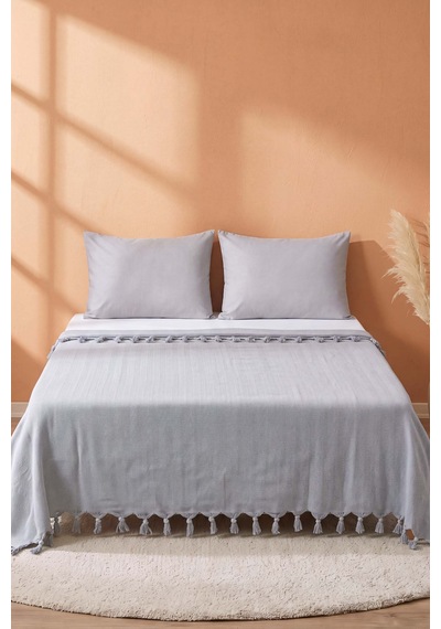 Gri Natural Çift Kişilik Baskılı Pike & Yatak Örtüsü 200x230 Cm
