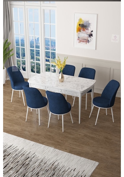 Canisa Concept Zen Serisi 80x132 Mdf Açılabilir Beyaz Mermer Desen Masa Takımı Ve 6 Lacivert Sandalye Masa Beyaz/sandalyeler Lacivert