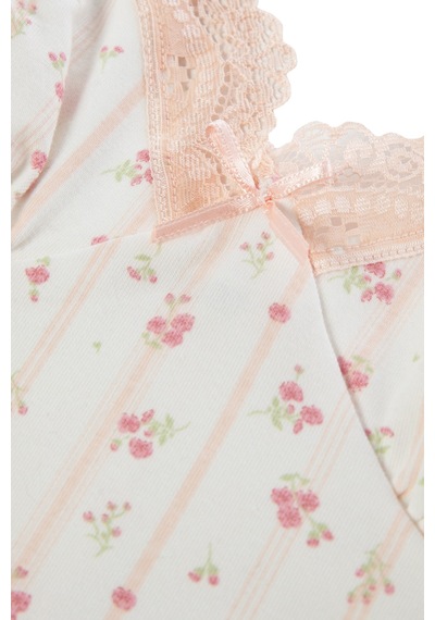 Koza İç Giyim Kadın Pamuklu Kaplı Askılı Dantelli Pijama Takımı Kk30131 Pembe - Ekru