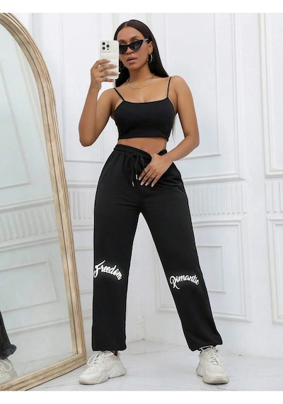 Unity Reflective Letter Graphic Drawstring Waist 4 Mevsim Eşofman Siyah